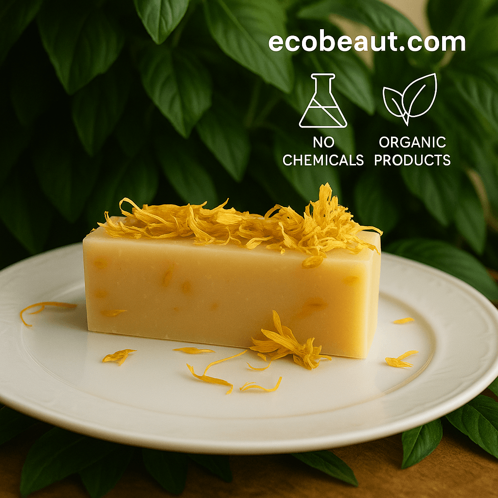 Calendula soap bar by ecobeaut.com resting on a white plate, surrounded by lush green leaves, with “NO CHEMICALS” and “ORGANIC PRODUCTS” icons in the upper right corner.