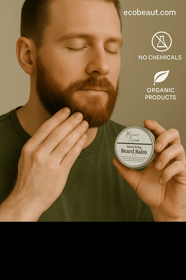 Caucasian man applying organic beard balm to his beard – nourishing chemical-free grooming product from ecobeaut.com