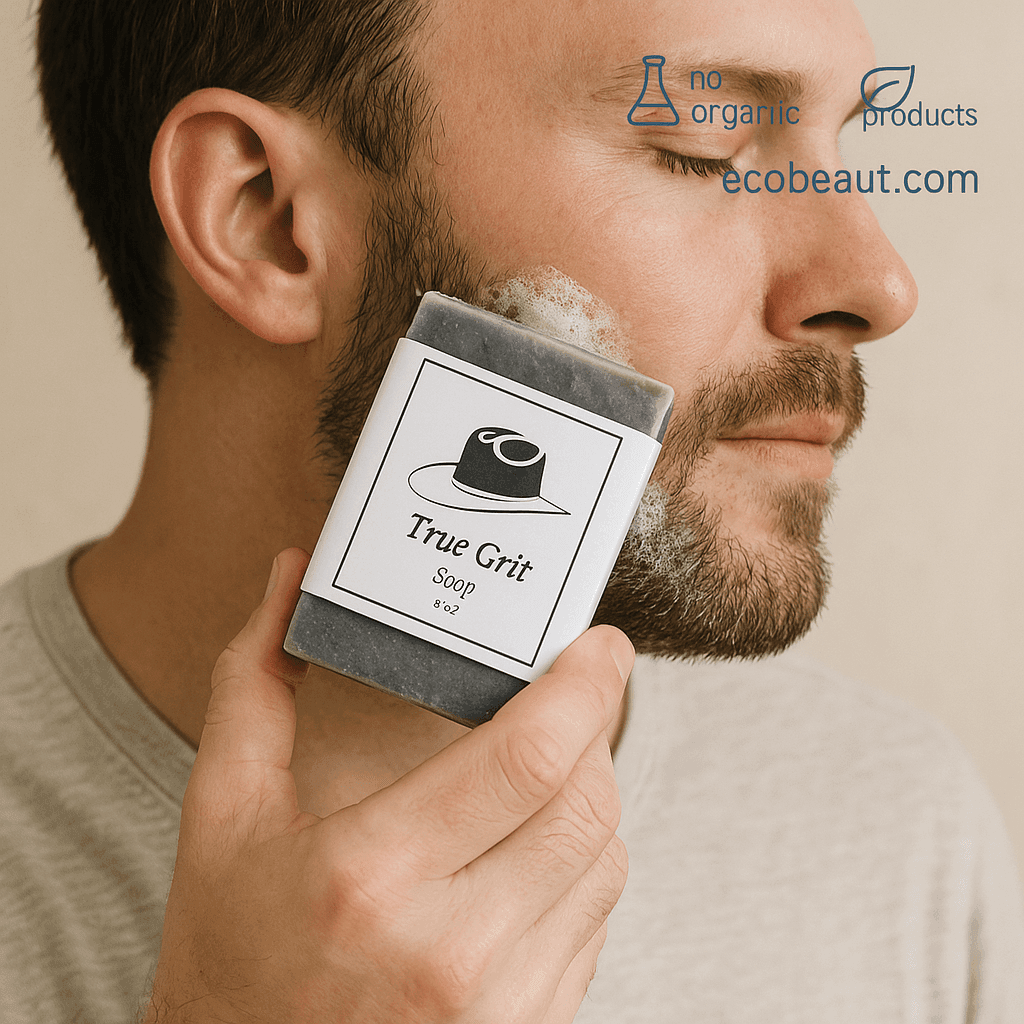 Caucasian man washing face with True Grit charcoal soap – natural, chemical-free skincare from ecobeaut.com