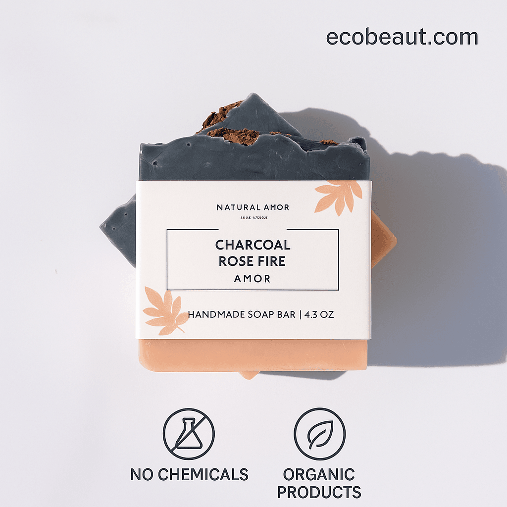 Charcoal Rose Fire handmade soap by Natural Amor with dual-tone layers and floral top, labeled with 'NO CHEMICALS', 'ORGANIC PRODUCTS', and ecobeaut.com in the top right corner.