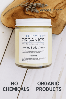 A photograph features a Butter Me Up Organics Healing Body Cream jar on a wooden surface. The product label is clearly visible, and additional branding elements include the website "ecobeaut.com" in the top right corner and the phrases "NO CHEMICALS" and "ORGANIC PRODUCTS" at the bottom.