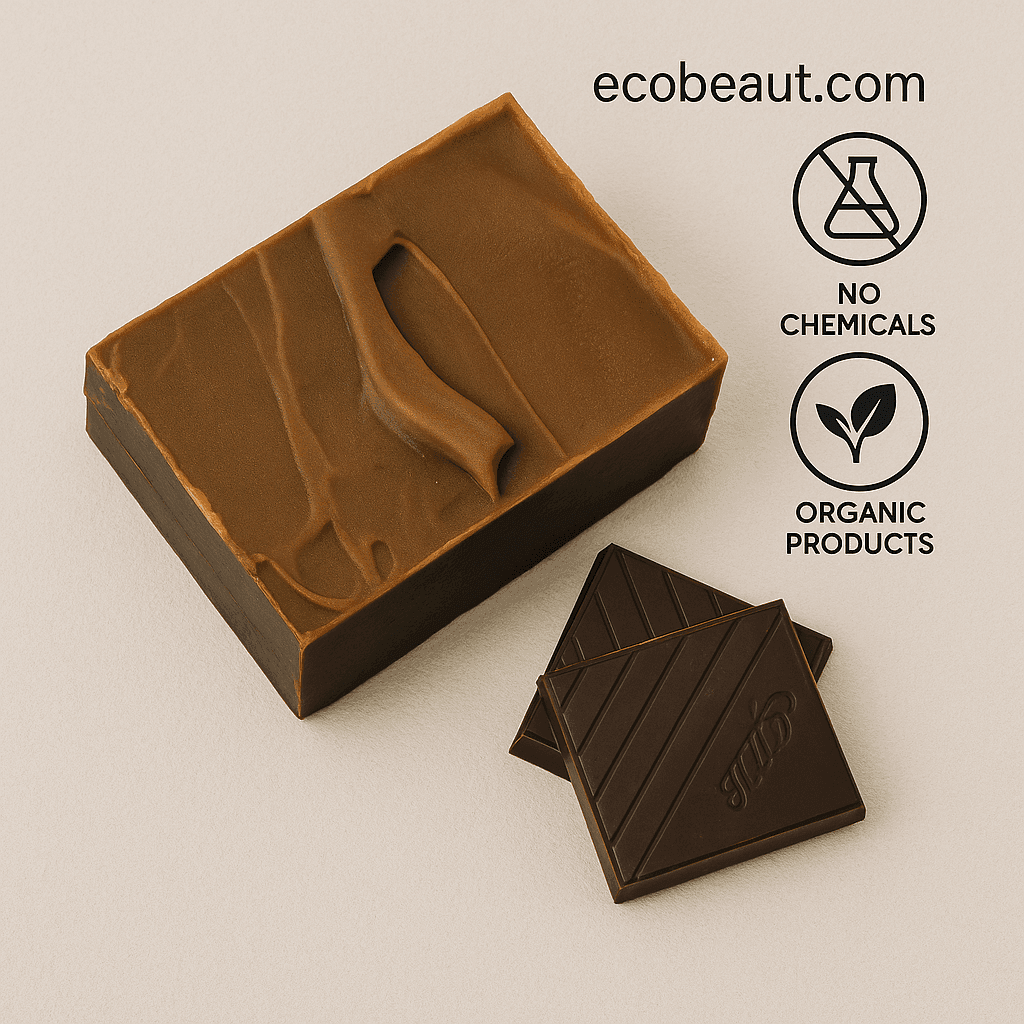 : Chocolate artisan soap bar from ecobeaut.com placed beside dark chocolate squares on a clean background with “NO CHEMICALS” and “ORGANIC PRODUCTS” icons in the top right corner.