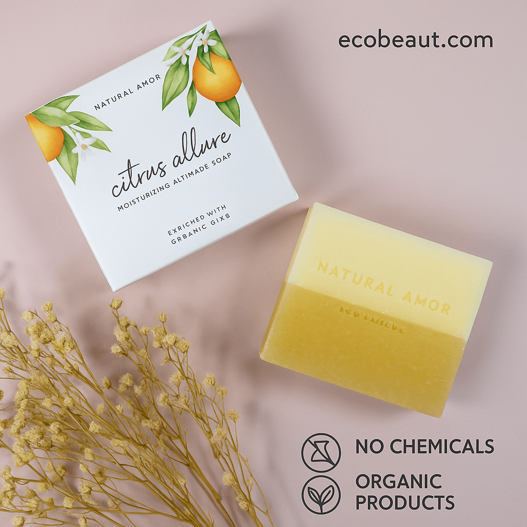 Citrus Allure Moisturizing Handmade Soap bar and box from ecobeaut.com on a pastel background, surrounded by dried flowers. The image includes 'NO CHEMICALS' and 'ORGANIC PRODUCTS' labels.