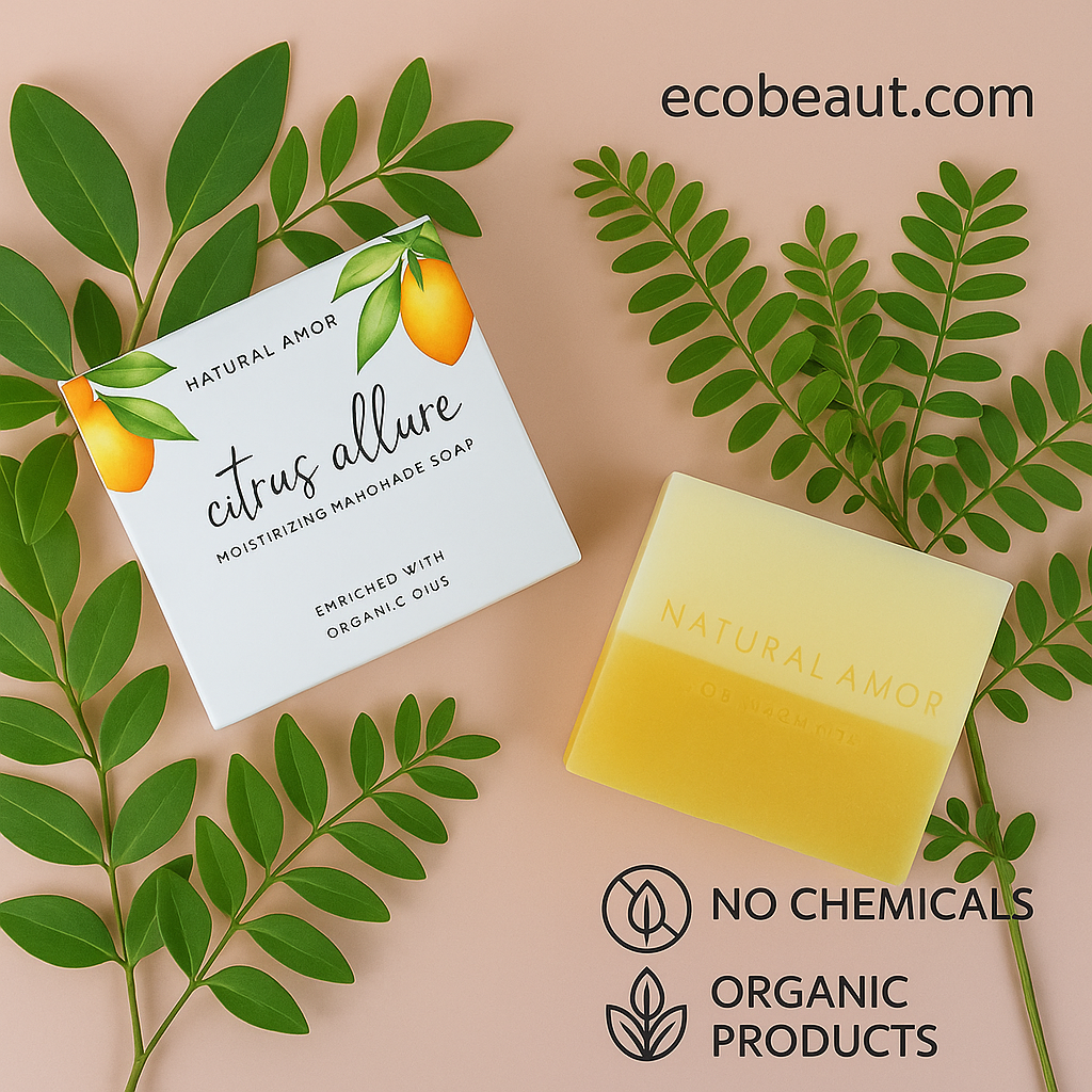 Citrus Allure Moisturizing Handmade Soap by Natural Amor, shown with its elegant packaging and a two-toned soap bar, surrounded by lush green leaves on a peach background. The image features 'NO CHEMICALS', 'ORGANIC PRODUCTS', and ecobeaut.com in the top right corner.