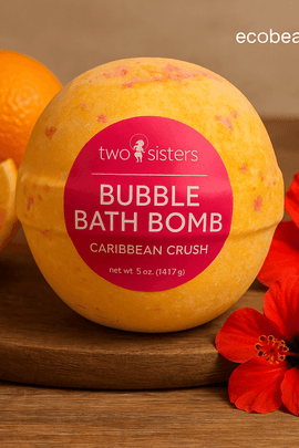 Close-up of Caribbean Crush Bubble Bath Bomb by Two Sisters – fizzy tropical bath experience for kids and adults