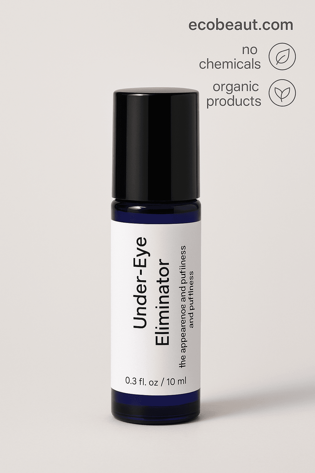 Close-up of Ecobeaut Under-Eye Eliminator roll-on serum – organic product with no chemicals on neutral background