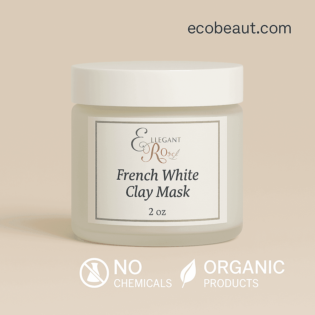 Close-up of Elegant Rose French White Clay Mask jar on neutral background with ecobeaut.com in top right corner and white icons no chemicals and organic products at the bottom"
