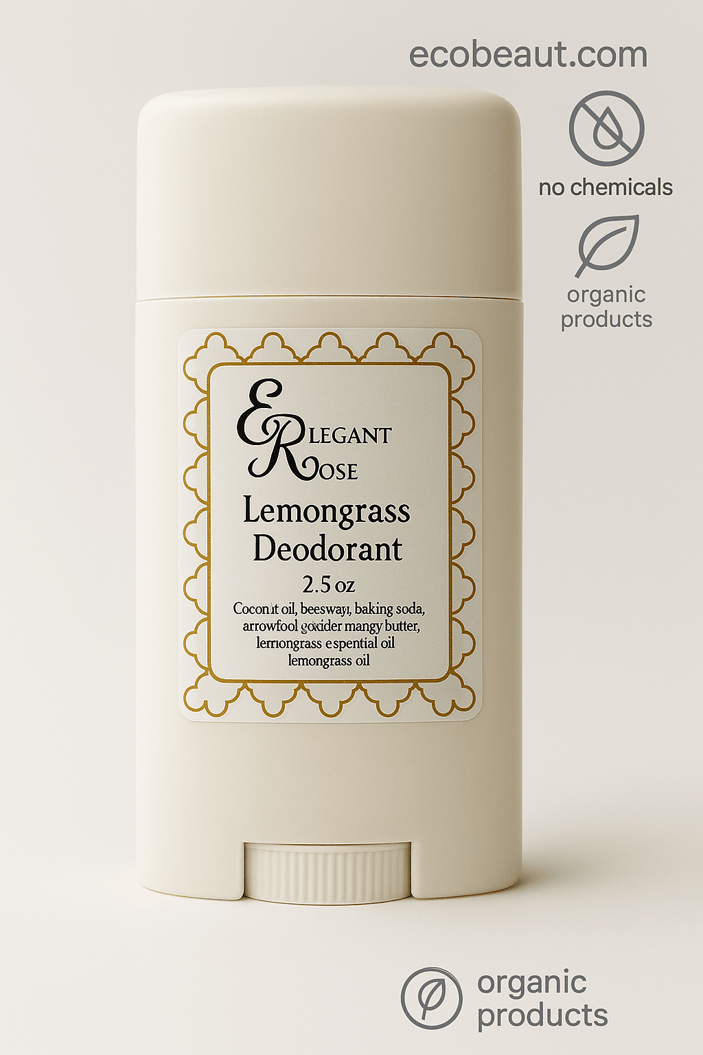 Close-up of Elegant Rose Lemongrass Deodorant stick with gold patterned label – organic formula highlighted by no chemicals icons, ecobeaut.com