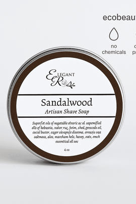Close-up of Elegant Rose Sandalwood Artisan Shave Soap tin with clear label and eco-friendly certifications – handcrafted shaving soap from ecobeaut.com.