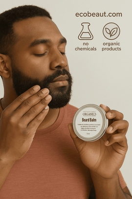 Close-up of Elephant Rose Organics Beard Balm tin with creamy yellow texture and eco-labels – organic beard conditioner from ecobeaut.com.