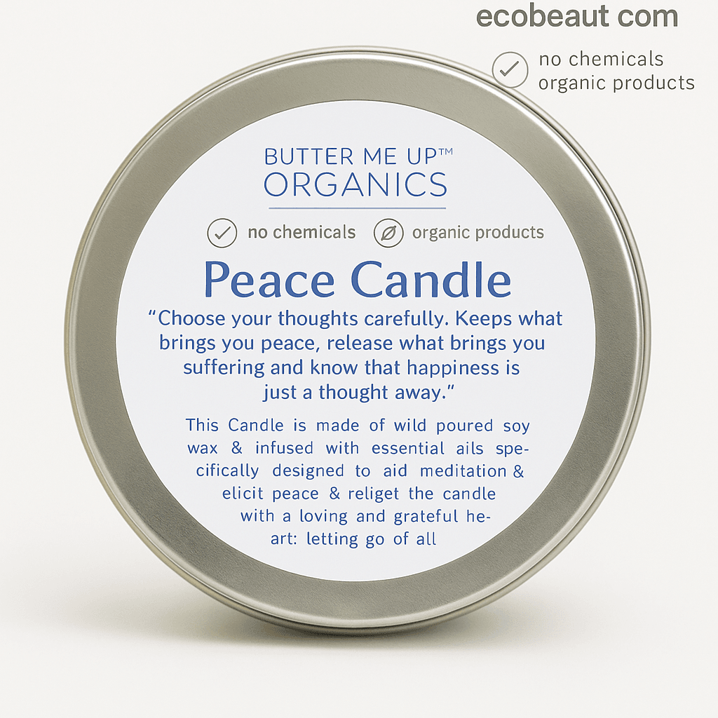 Close-up of Peace Candle tin on neutral fabric, handcrafted organic soy wax candle with calming message – ecobeaut.com