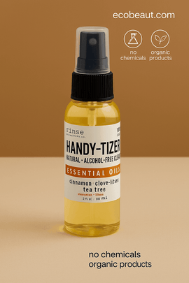 Close-up of Rinse Bath & Body Co. Handy-Tizer alcohol-free cleanser in a clear spray bottle with yellow liquid, displayed on a warm beige surface and background, with eco-friendly labels and ecobeaut.com in the top right corner