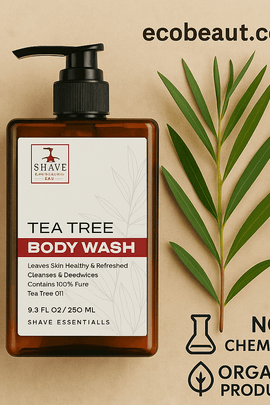 Close-up of Shave Essentials Tea Tree Body Wash bottles with pump dispenser, featuring clean white and amber packaging – ecobeaut.com