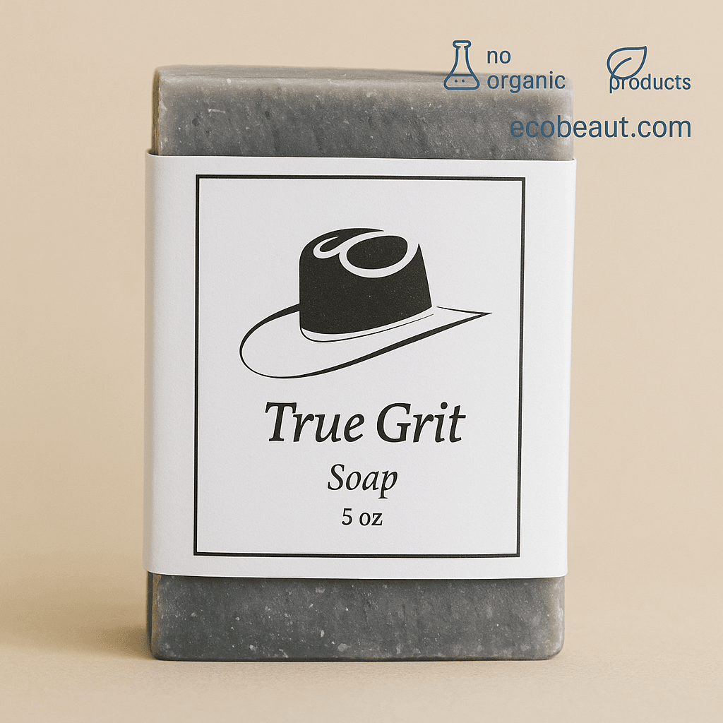 Close-up of True Grit handmade soap bar with cowboy label – organic ingredients, no chemicals, from ecobeaut.com