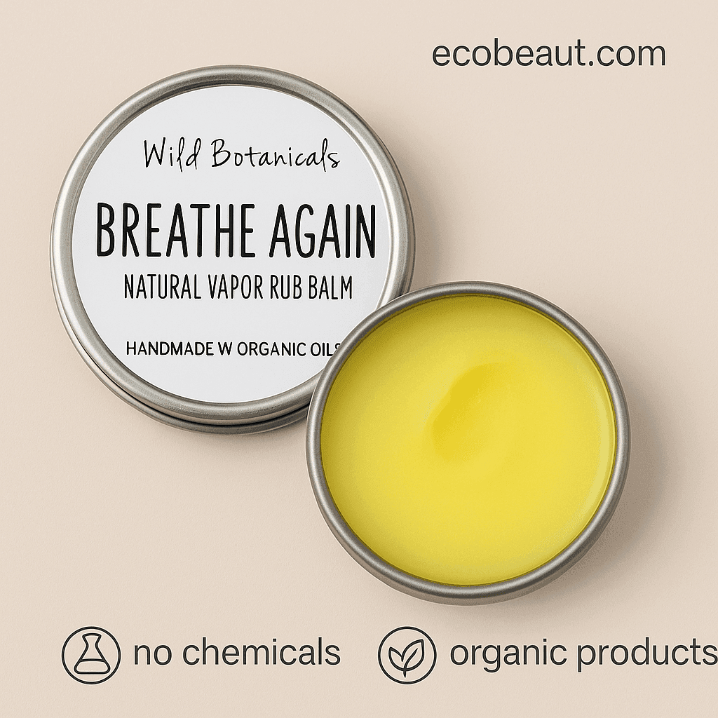 Close-up of Wild Botanicals Breathe Again balm in silver tin – organic vapor rub with no chemicals from ecobeaut.com
