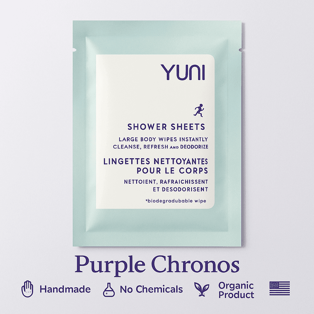 Close-up of YUNI Shower Sheet eco sachet – natural biodegradable body wipes with rose and cucumber – Purple Chronos style – Handmade, No Chemicals, Organic, Made in USA – ecobeaut.com