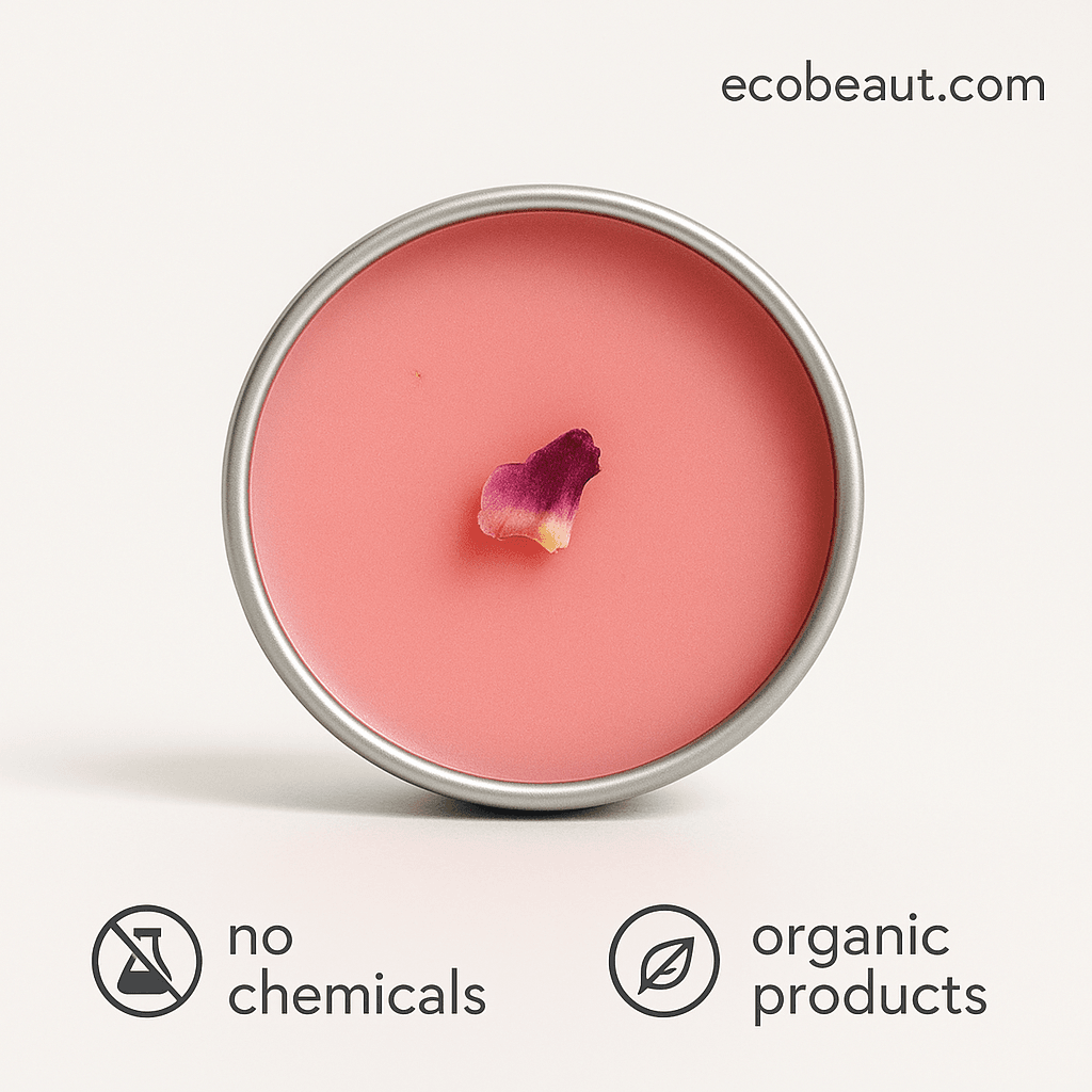 Close-up of a pink organic lip balm in a silver tin with a rose petal on top, placed on a neutral white background – ecobeaut.com, no chemicals, organic products