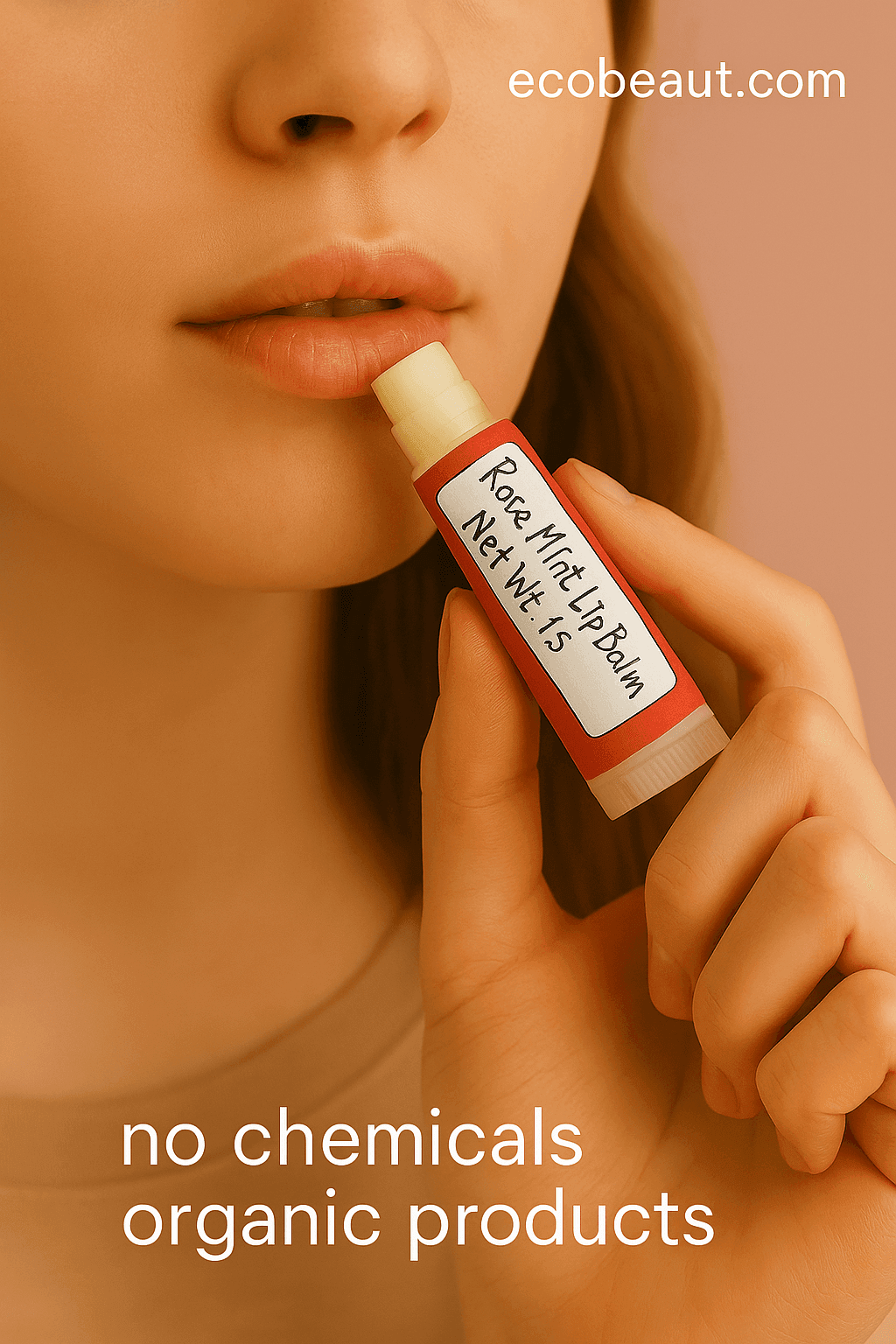 Close-up of a young woman applying Rosy Mint Lip Balm to her lips, holding a natural red tube, with eco-friendly claims "no chemicals" and "organic products", and ecobeaut.com in the top corner