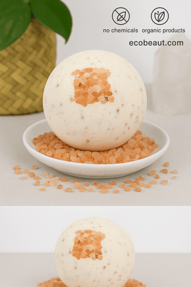 Close-up of an organic detox bath bomb with Himalayan pink salt on a neutral background – ecobeaut.com, no chemicals, organic products
