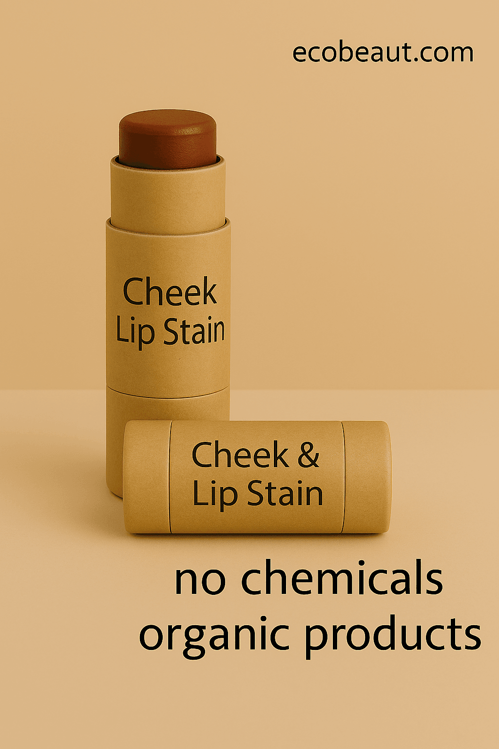 Close-up of eco-friendly Cheek & Lip Stain tubes made from kraft paper on a warm beige background, featuring bold product labels. The image includes the website "ecobeaut.com" in the top right corner and clean icons with text "no chemicals" and "organic products" at the bottom.