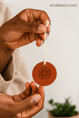 Close-up of handmade terracotta oil diffuser with engraved mandala – eco-friendly design from ecobeaut.com