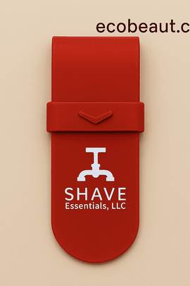 Close-up of red SHAVE Essentials razor case on neutral background with ecobeaut.com branding in the corner