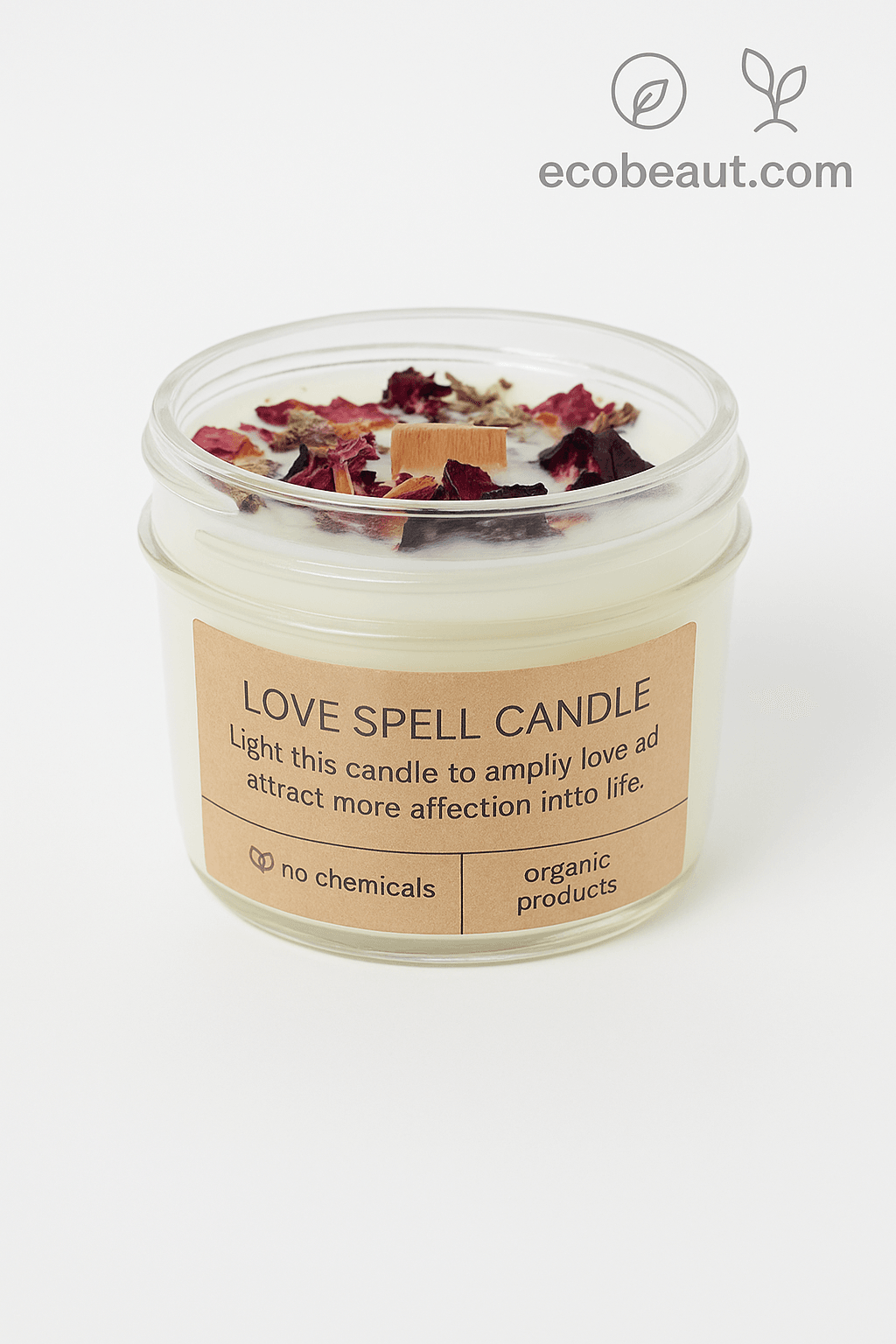 Close-up of the Love Spell Intention Candle by ecobeaut.com – 4 oz hand-poured soy wax with rose petals and rose quartz, clean neutral background. no chemicals, organic products.