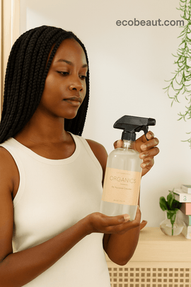 Close-up of transparent spray bottle labeled "Clean Me Up Organics" with ecobeaut.com branding – ecobeaut.com