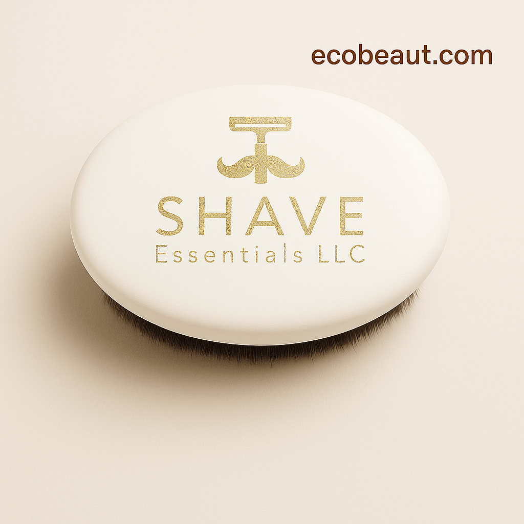 Close-up of white oval boar bristle shaving brush by SHAVE Essentials LLC with gold logo on a neutral background — ecobeaut.com