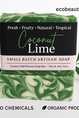 Coconut Lime small batch artisan soap with green and white swirls, set against a white background with leaves. ecobeaut.com appears in the top right corner, with eco-labels 'NO CHEMICALS' and 'ORGANIC PRODUCTS' at the bottom.