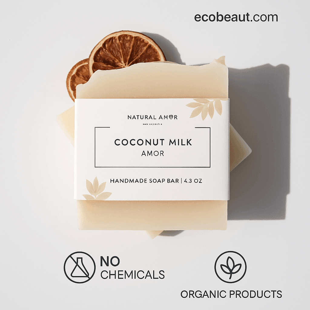 Coconut Milk handmade soap bar by Natural Amor with a dried citrus slice, presented on a white background. ecobeaut.com is in the top right corner, with eco-labels 'NO CHEMICALS' and 'ORGANIC PRODUCTS' at the bottom.