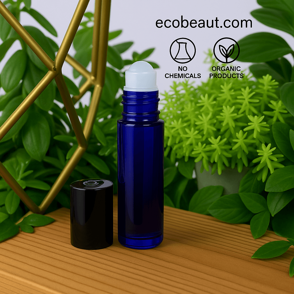 "Custom perfume oil in a cobalt blue roll-on bottle on a wooden surface, surrounded by green plants, with black eco labels 'no chemicals' and 'organic products' next to ecobeaut.com branding in the top right corner."