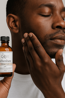 Dark-skinned man applying Citrus Zest Aftershave – organic and chemical-free skincare by ecobeaut.com