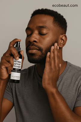 Dark-skinned man using Shave Essentials facial care products in a modern bathroom, gently spraying toner on his face with ecobeaut.com displayed in the top right corner.