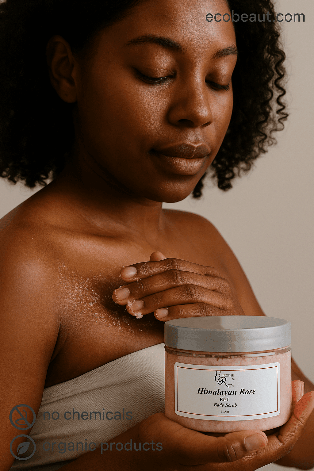 Dark-skinned woman applying Himalayan Rose Salt Scrub to shoulder – natural exfoliating body care – ecobeaut.com, no chemicals, organic products