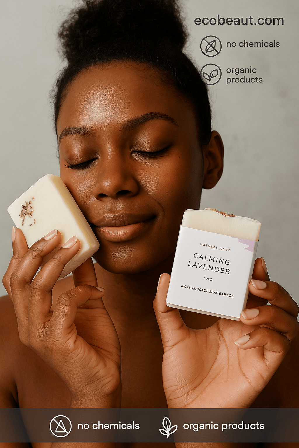 Dark-skinned woman smiling with closed eyes, holding Natural Amir Calming Lavender soap to her face, featuring ecobeaut.com, organic products, no chemicals – calming soap for sensitive skin USA