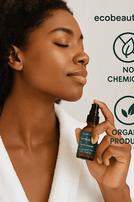Dark-skinned woman using Eucalyptus & Spearmint aromatherapy spray for relaxation – organic and chemical-free essential oil mist, ecobeaut.com