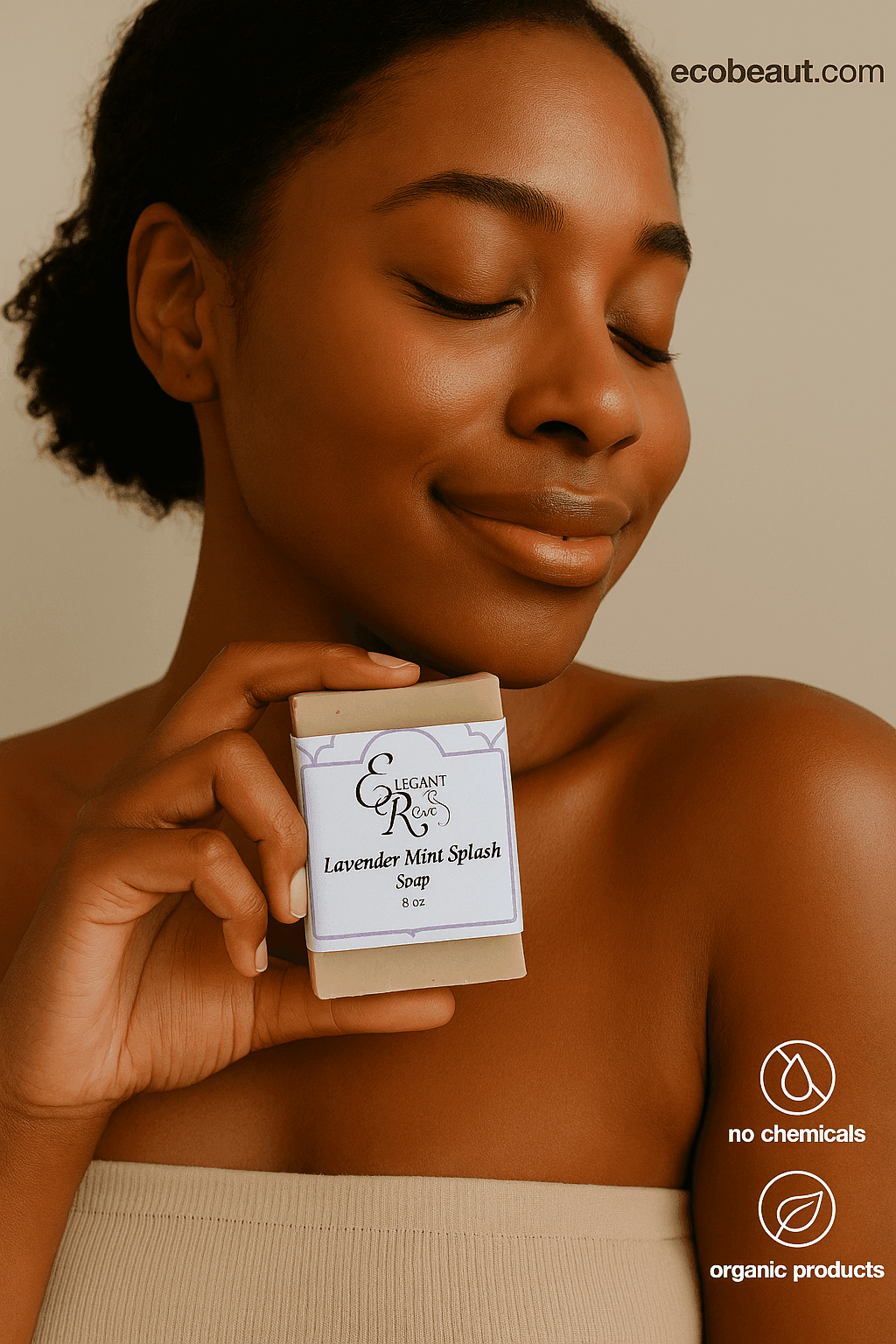 Dark-skinned woman using Lavender Mint Splash soap bar from Elegant Rose – gentle organic skincare, no chemicals, organic products, ecobeaut.com