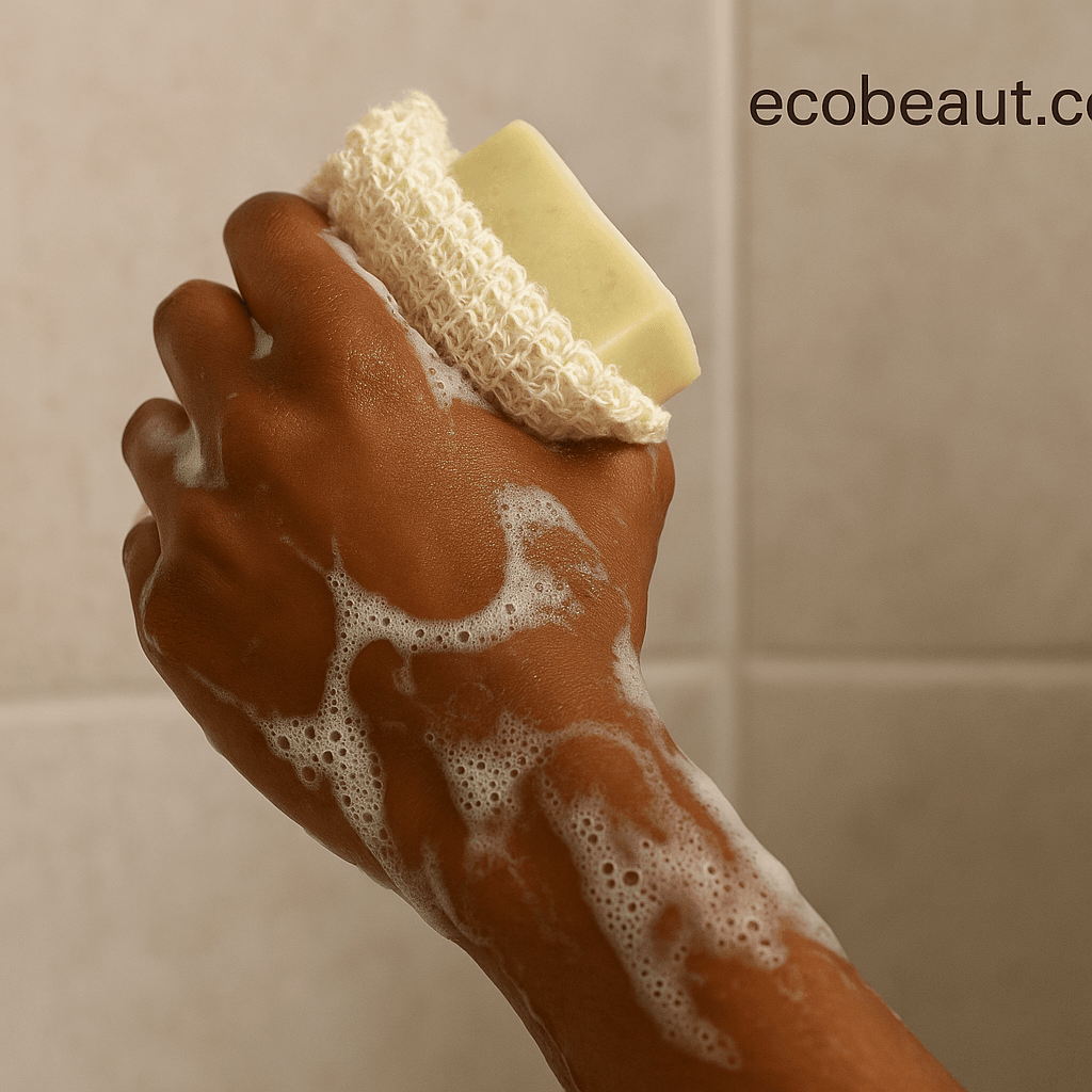 Dark-skinned woman using natural soap in a sisal pouch with foam – ecobeaut.com