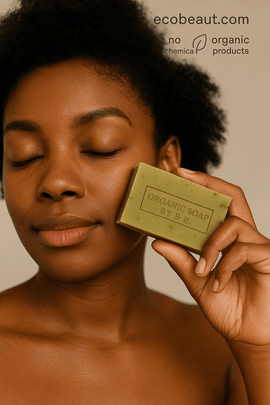 Dark-skinned woman using organic soap bar by S.E. – gentle natural skincare, ecobeaut.com, no chemicals, organic products