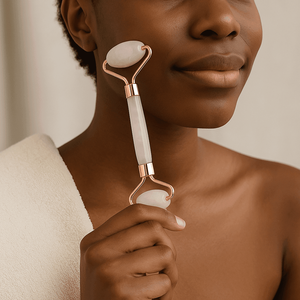 Dark-skinned woman using rose quartz facial roller for skincare massage – ecobeaut.com