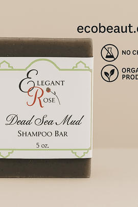 Dead Sea Mud Shampoo Bar by Elegant Rose with ecobeaut.com, No Chemicals, Organic Products labels on a beige background.