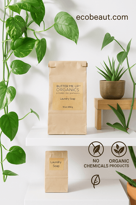 Eco-friendly dishwasher soap on decorative white shelf surrounded by green plants – organic, chemical-free cleaning product – ecobeaut.com