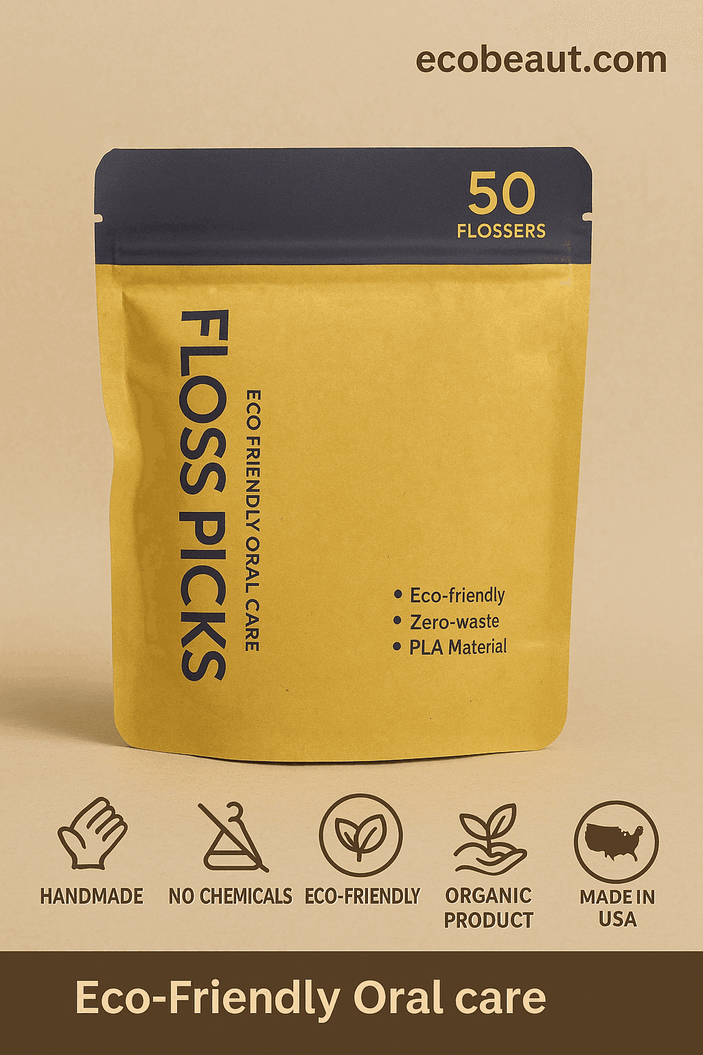 Eco-friendly floss picks in compostable packaging – PLA material, zero-waste, handmade, Made in USA – ecobeaut.com