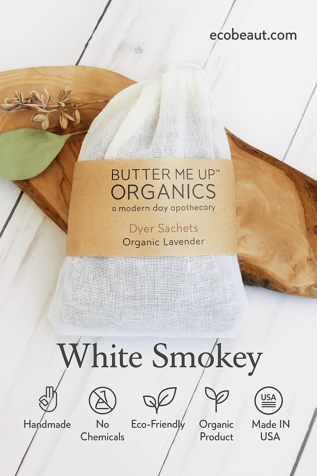 Eco-friendly organic lavender dryer sachets on a wooden background with rustic natural decor – Handmade, No Chemicals, Eco-Friendly, Organic Product, Made in USA – ecobeaut.com