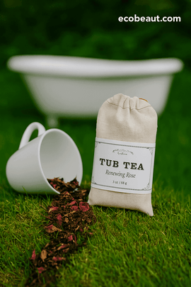 EcoBeaut.com Tub Tea Renewing Rose — natural bath tea in eco-friendly linen bag with dried rose petals, displayed on vibrant green grass with a white bathtub in the background, highlighting organic spa and relaxation products in the USA.