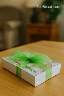 EcoBeaut.com gift box with floral soaps wrapped in green ribbon on wooden table in cozy room, luxury organic skincare present