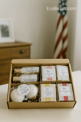 EcoBeaut.com luxury organic soap gift set USA with handmade soaps, bath salts, and natural body bars in kraft box, eco-friendly bath set for wellness lovers, premium organic skincare gift