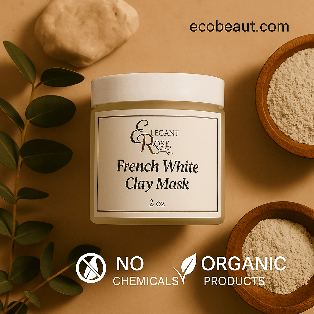 Elegant Rose French White Clay Mask jar placed on a natural beige background surrounded by clay, green leaves, and wooden bowls, with ecobeaut.com in the top right and icons no chemicals and organic products at the bottom