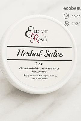 Elegant Rose Herbal Salve 2 oz – natural skin healing balm in white jar on marble surface, ecobeaut.com, no chemicals, organic products